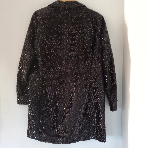 NINE WEST Sz XL Black Sequins Blazer 36" Mini Dress LS Collar Glitzy NYE EUC - Picture 9 of 16